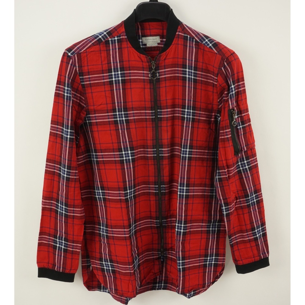 Zara Relaxed Brushed Twill Flannel Tartan Shirt Jacket Men's Medium Full Zip Red